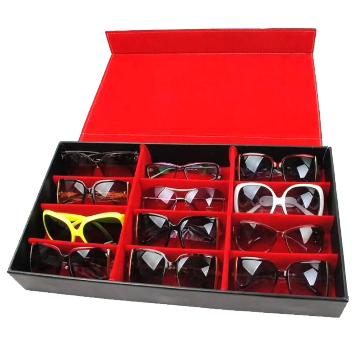 

Glasses Case 12 Slot Grid Eyeglass Sunglasses Glasses Display Storage Stand Case Box Holder Velvet Flocked Glasses Organizer