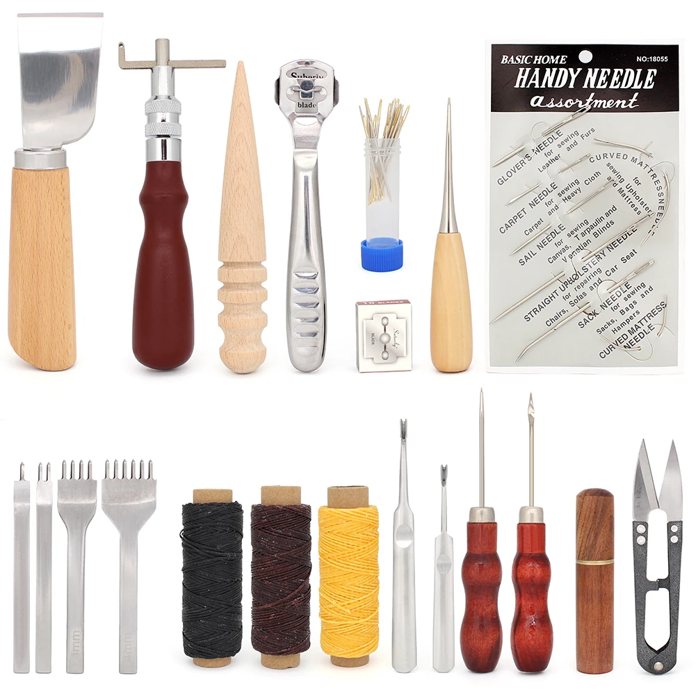 Набор инструментов для кожи и режущий материал включают настройку желоба тонким ножом, шитье, колючую иглу, набор восковых ниток.