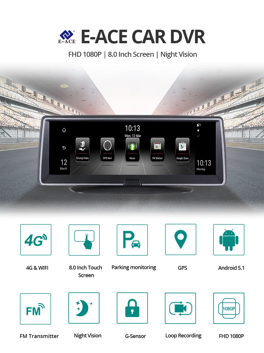 E-ACE, Автомобильный видеорегистратор, 8 дюймов, автомобильная камера, 4G, Android FHD, 1080 P, видео регистратор, gps навигация, ADAS, удаленный монитор, видеорегистратор с двумя объективами