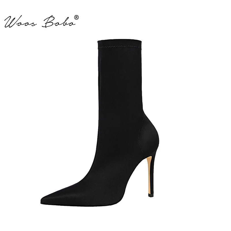 Флоковые ботинки с эластичными носками женские ботильоны для женщин острым