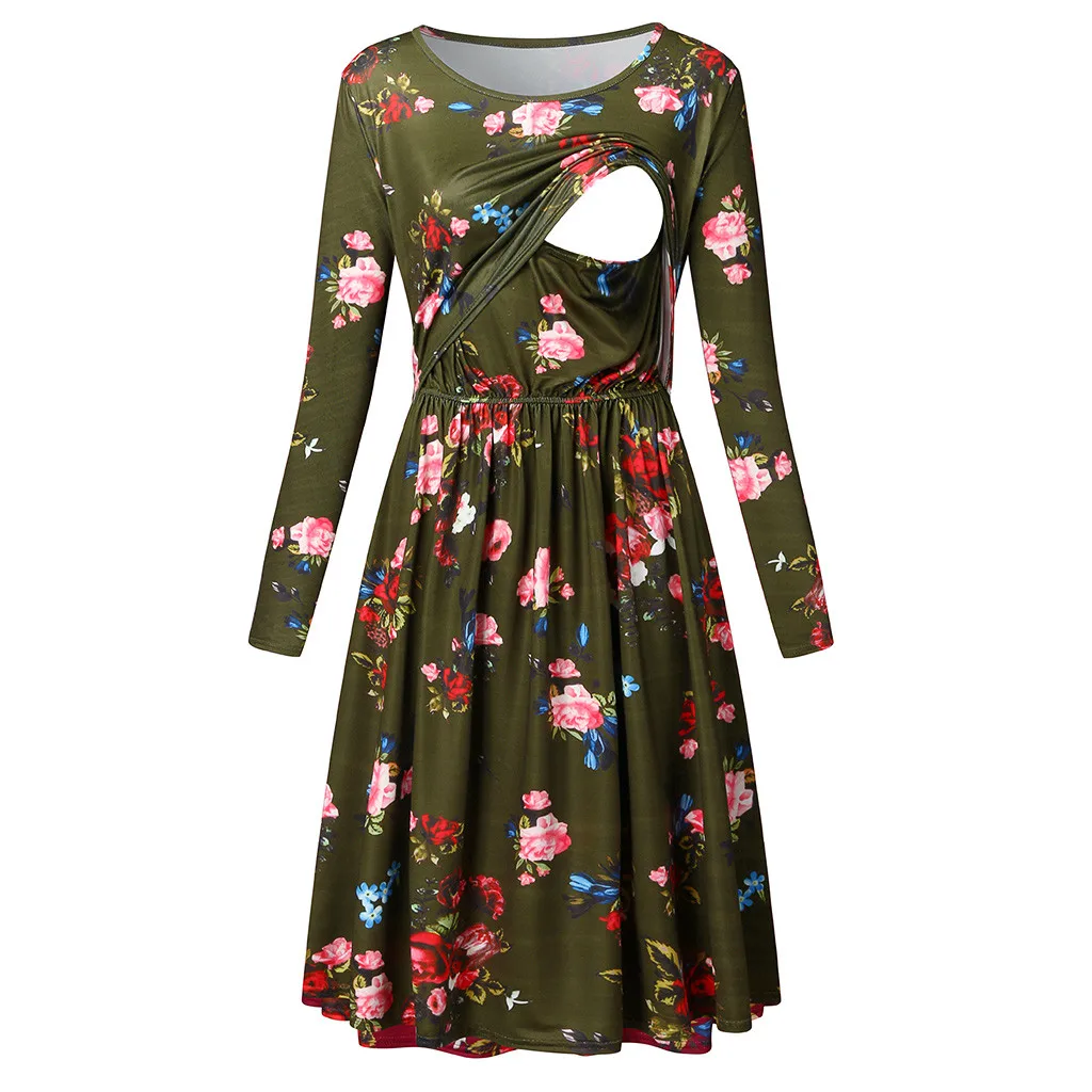 

Women's Maternity Breastfeeding Dresses Clothes For Pregnant Women O-Neck Long Sleeve Prints Nursing Dress Maternity Clothes