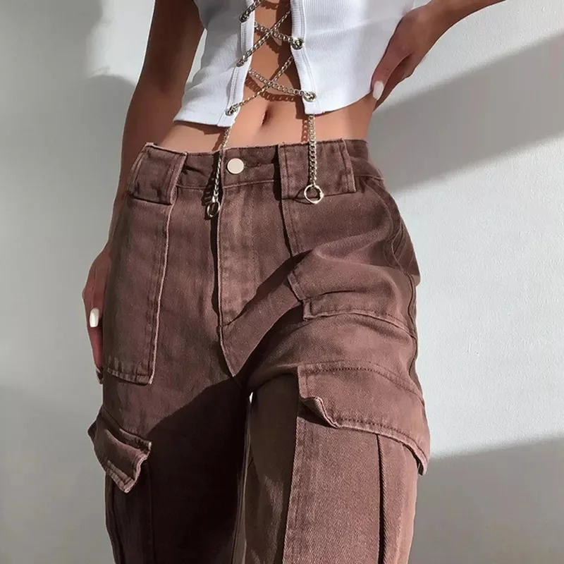 

2021 New Jeans Women's Pants European and American Style Retro Brown Pocket High Waist Straight Women's Casual fashion Pants