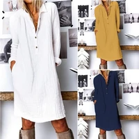 fall 2021 european and american fashion new womens dress womens casual lapel long sleeve dress solid color cotton linen dress