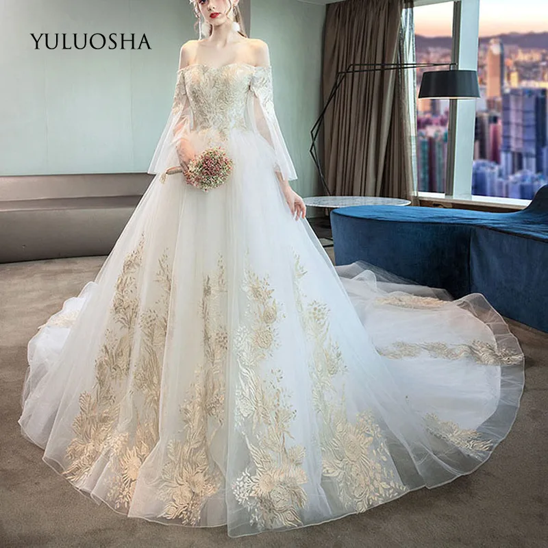 Женское свадебное платье YULUOSHA кружевное с длинным рукавом вырезом лодочкой и