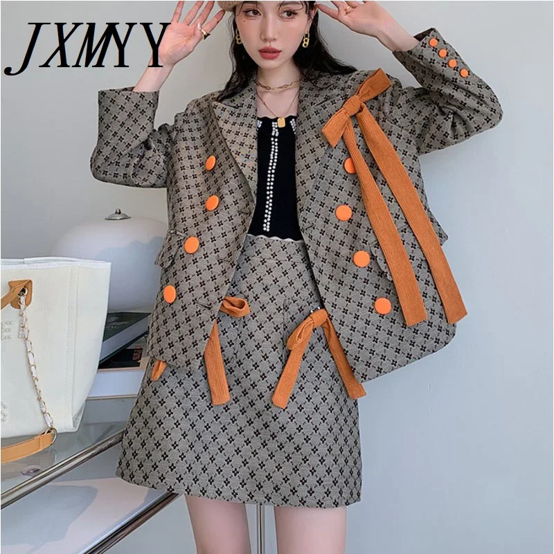

JXMYY 2021 autumn Jacquard Bow Tie Suit Jacket 2 Piece Set Korean Fashion Double-breasted Coat + A-line Skirt Two piece Sets