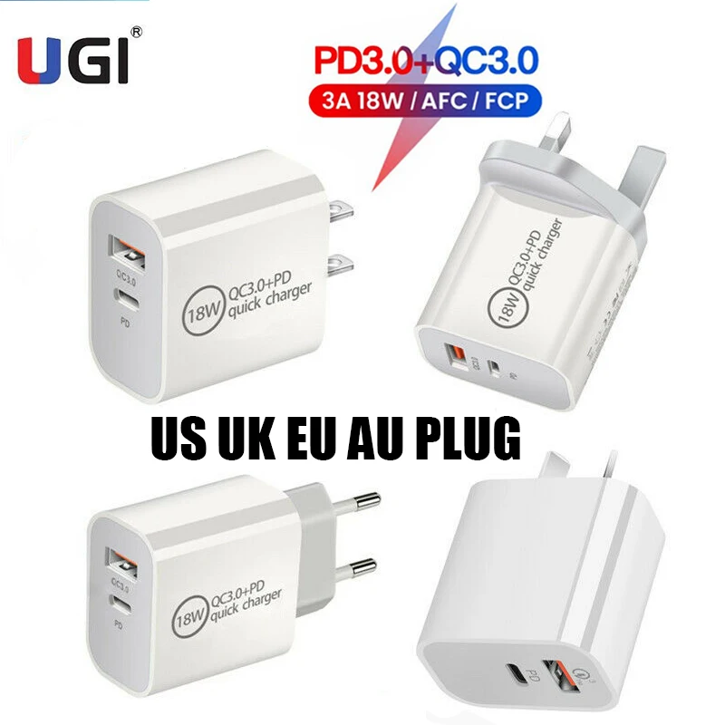 

UGI 18W 3A PD Type-C QC3.0 USB Fast Charger Phone US UK EU AU Plug Adaptor For iPhone 12 Pro Samsung Oneplus HTC Xiaomi AFC FCP