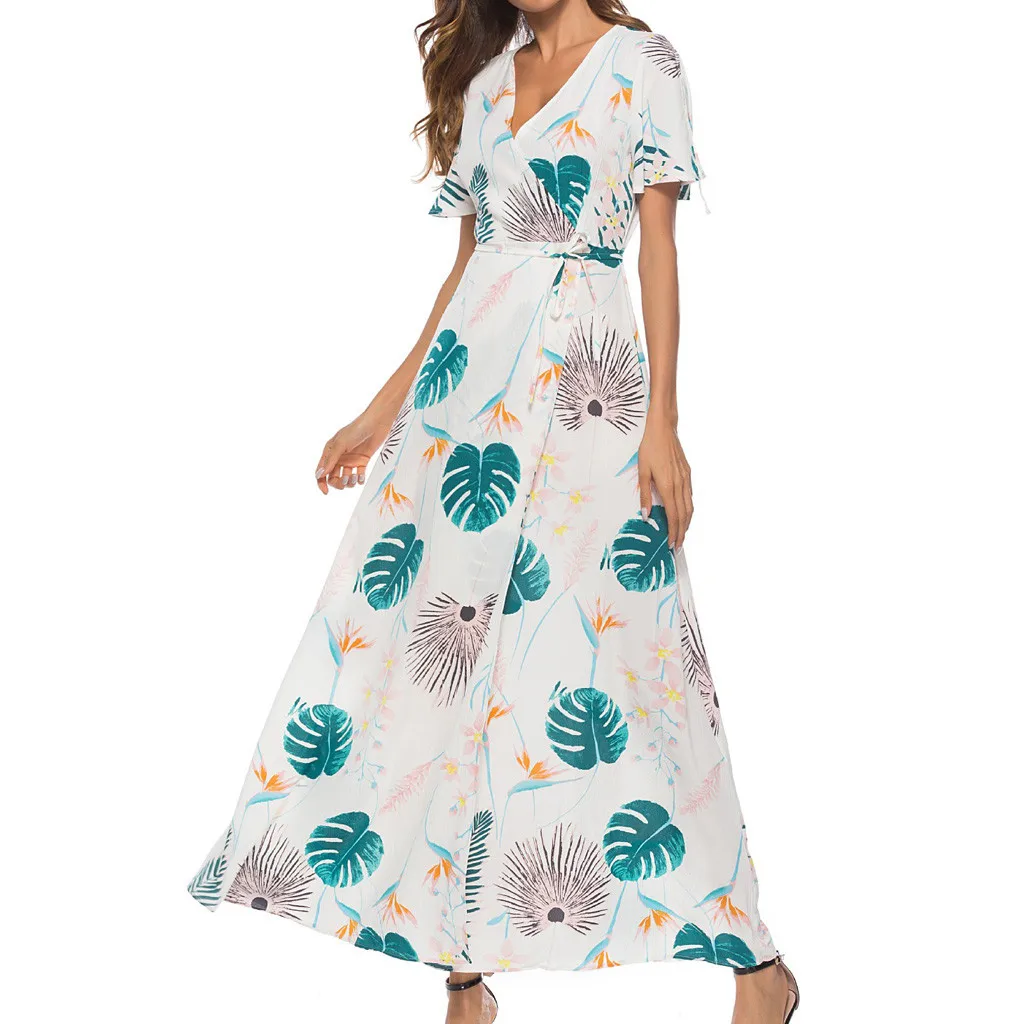 SAGACE Fashion Dress Women Casual V-Neck Leaves Print beach dresses and tunics Short Sleeve Split Bandage sexy party | Женская одежда