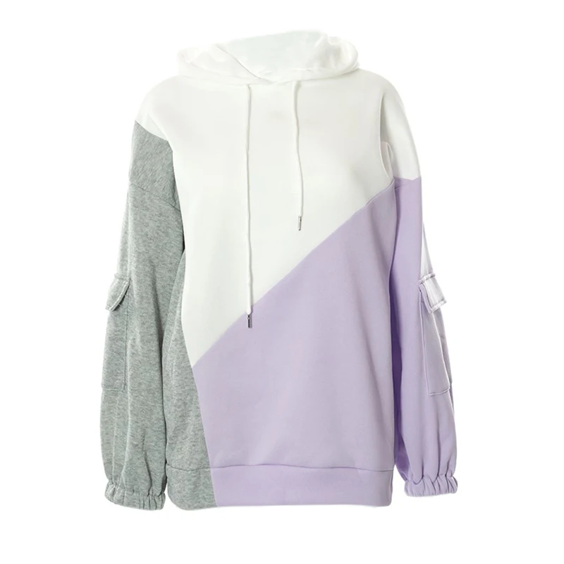 

Autumn Color Block Drawstring Hooded Dress Pocket Long Sweatshirt Hoodies Female Fashion Korean Thin Chic Women's Sweatshirts