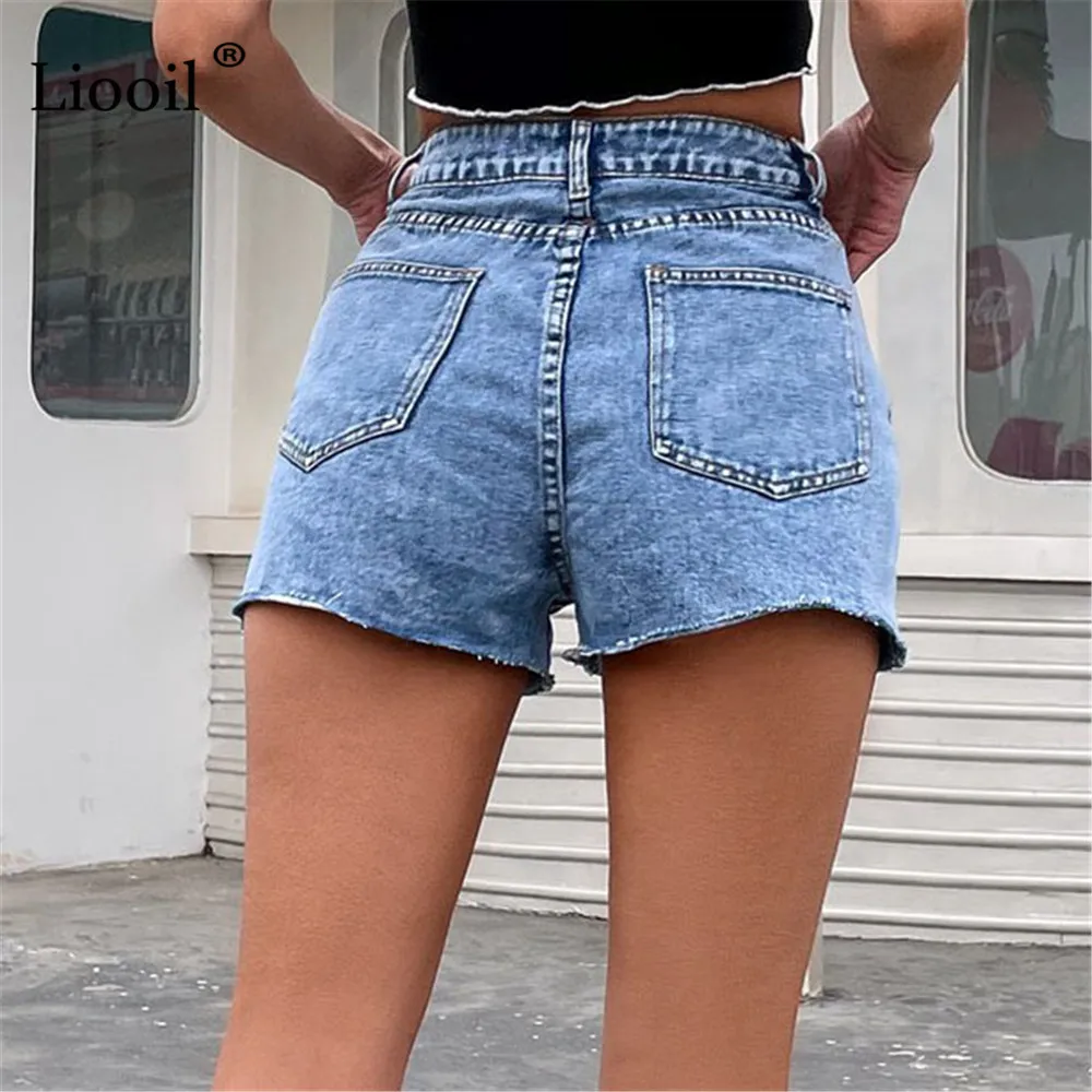 

Liooil Blue Jean Shorts for Women High Waisted Shorts With Pockets Button Washed Distressed Summer Streetwear Denim Short 2021
