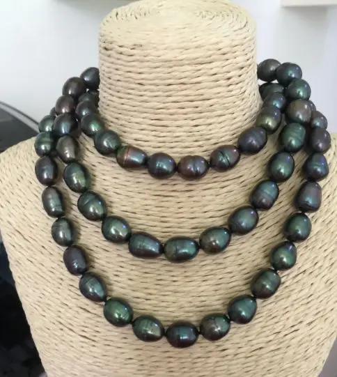 

10-11mm Tahitian peacock green baroque pearl necklace 50" 925silver