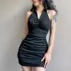 

Womens Sexy Halter Skinny Dress Fashion Solid Color V-neck High Waist Pleated Short Dress 2021, Black
