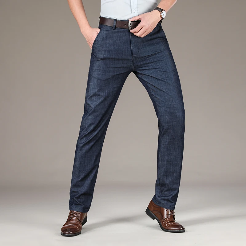 

2021 Summer Thin Modal Cotton Stretch Men's Fitted Straight Jeans Luxury High Quality Brand Classic Embroidered Casual Pants