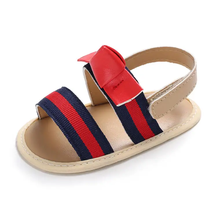 stripe red blue Детские сандалии для девочек, искусственная кожа, в полоску, на липучке, хлопок, мягкая нескользящая подошва, повседневная детская обувь для младенцев, летние сандалии для младенцев 0-18 месяцев - Цвет: stripe red blue