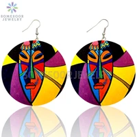 somesoor african ethnic black queen wooden drop earrings both sides printed bohemian afro loops dangle jewelry for women gifts