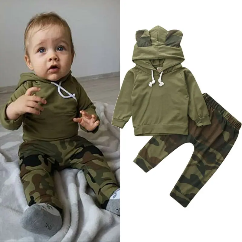 Newborn Baby Boy Girls Clothes Long Sleeve Army Green T-shirt Hooded Tops + Camouflage Pants Autumn Casual Outfit 0-24 M