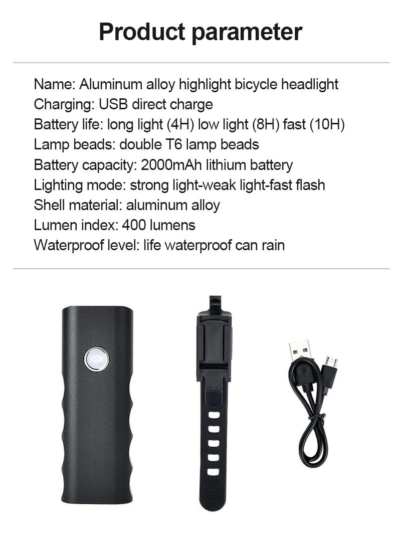 

Bike Headlight Portable Mini Flashlight Aluminum Alloy Headlight USB Rechargeable Waterproof Mountain Bike Taillight