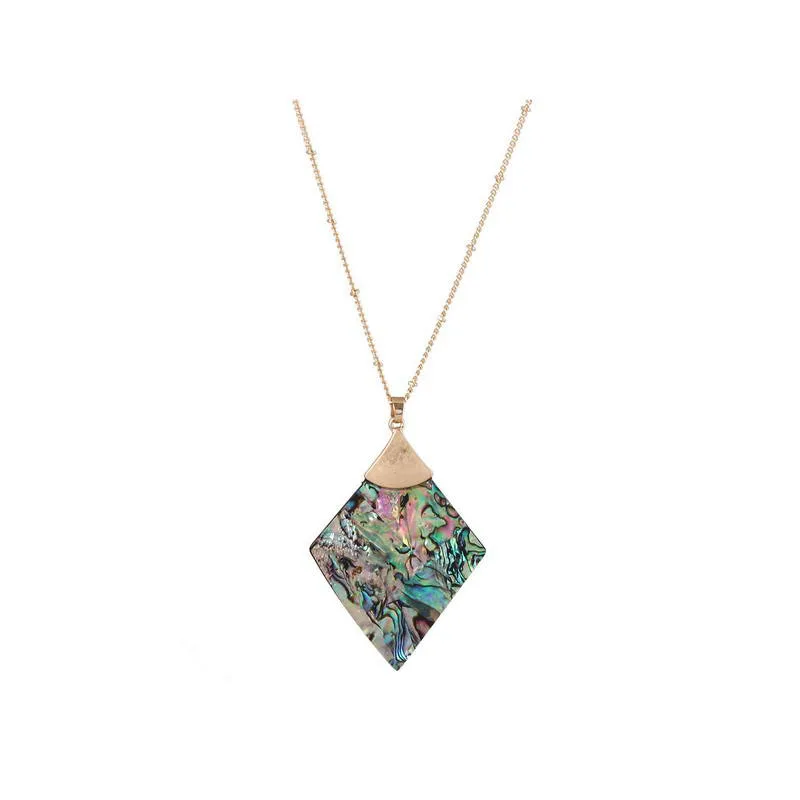 

N5716 Rhombus Abalone Pendant Necklace 2021 New Geometric PU Leather Leopard Feather Long Necklace for Women Boutique Jewelry