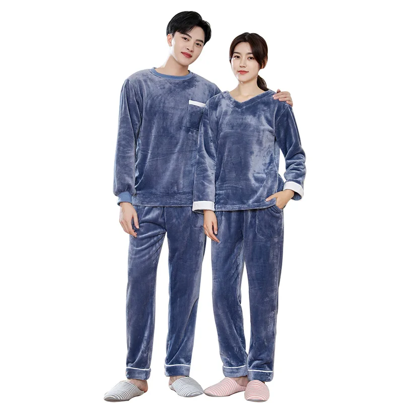 Autumn Winter Set Pajamas For Couples Plus Velvet O-Neck Men's Pajamas Long Sleeve Women's Sleepwear Pants Loose Casual Homewear