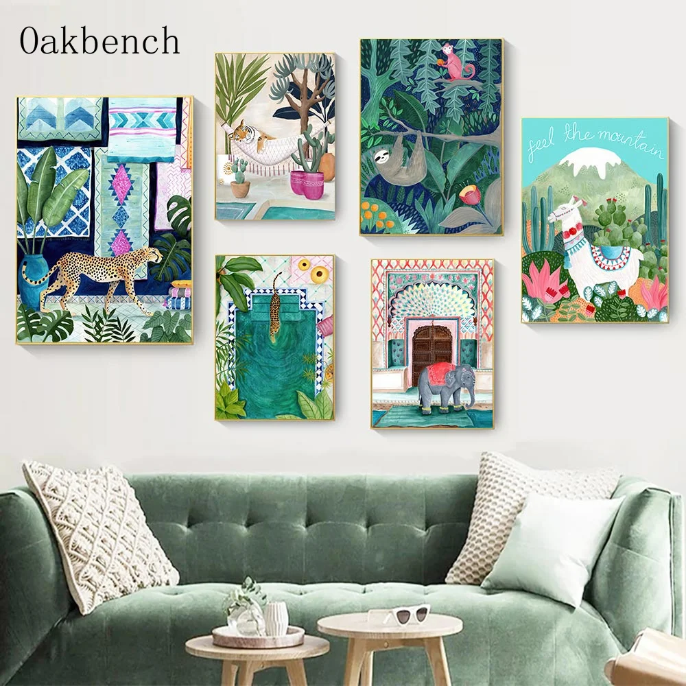 

Абстрактные настенные картины, животные, слон, художественные принты, зеленое растение, холст, плакаты, современные настенные картины, укра...