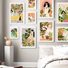 Абстрактная девушка, натуральные геометрические листья, растения, скандинавские плакаты и принты, настенная живопись на холсте, настенные картины для декора гостиной
