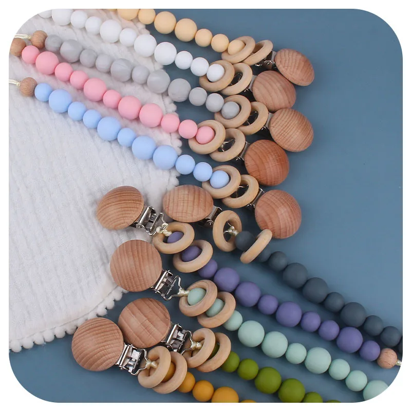 

Baby Pacifier Clips Silicone Beads Wooden Ring Pacifier Chain Infant Nipple Appease Soother Chain Clips Dummy Holder Nipple Clip