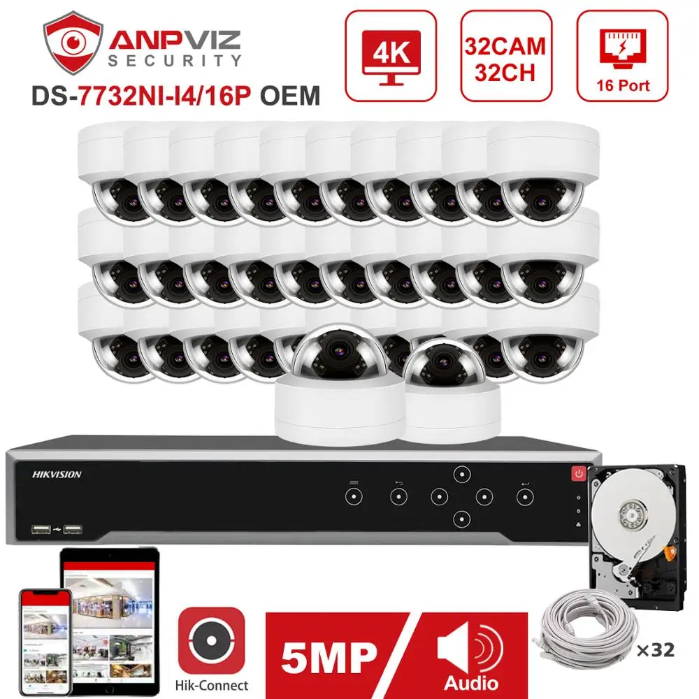 Камера видеонаблюдения Hikvision купольная камера OEM 32 канала 4K NVR 16/20/32 шт. 5 Мп|Система