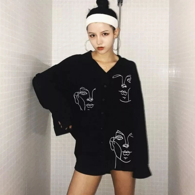 

Women Loose Face Print Long Sleeve Shirt 2021 Spring Summer Casual Turn Down Collar Female White Streetwear Tops Shirts Blusas