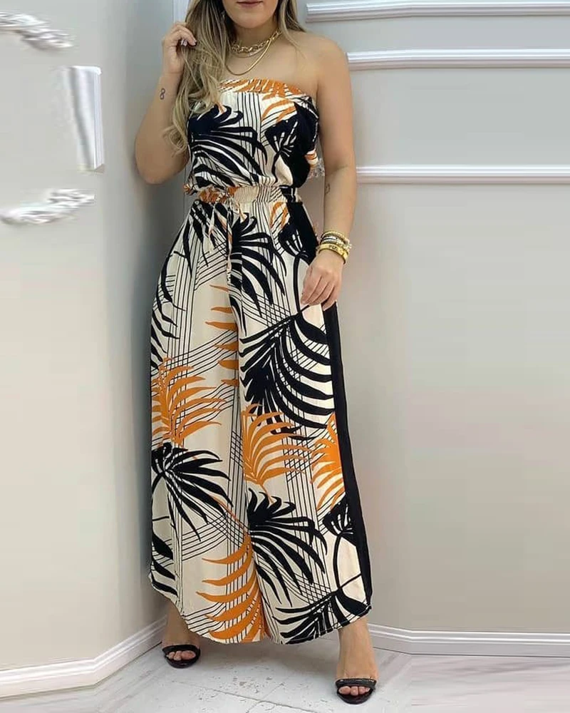 2021 Women Summer Tropical Print Bandeau Wide Leg Jumpsuit Sleeveless Loose Sexy Beachwear Casual Female Rompers