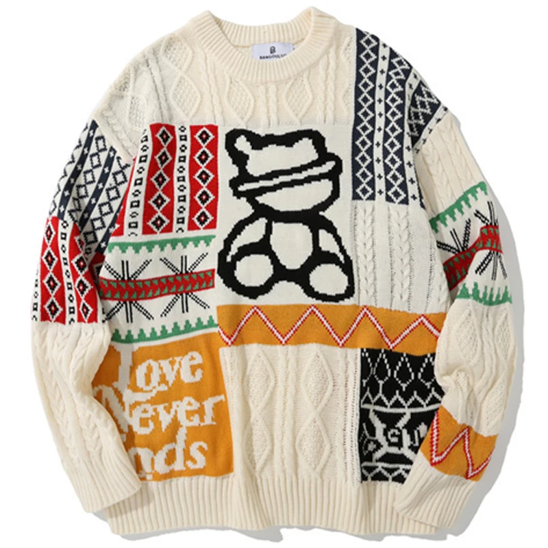 

Мужской Жаккардовый вязаный свитер с медведем, винтажный Теплый черный пуловер свободного покроя в японском стиле с круглым вырезом, подхо...