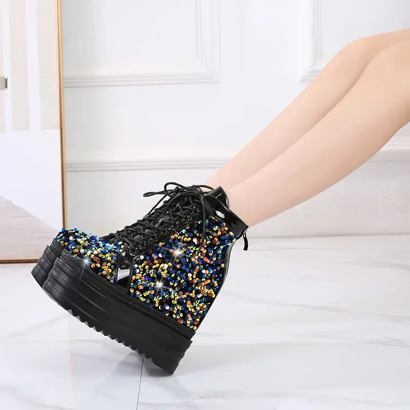 

High Pine Cake Bottom Thick Bottom Fashion Boots Slope Super nightclub sequin waterproof platform bead high uppers shoes woman