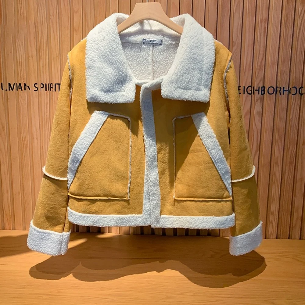 

Women Jacket Autumn Winter New Korean Short Deerskin Cashmere Lamb Wool Cotton Thickened Warm Fashion High Quality Outerwear