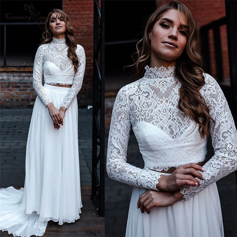 

Boho Wedding Dresses for Women Bride 2021 Lace Chiffon Long Sleeve High Neck Bohemian Bridal Gowns Plus Size Vestidos De Noiva