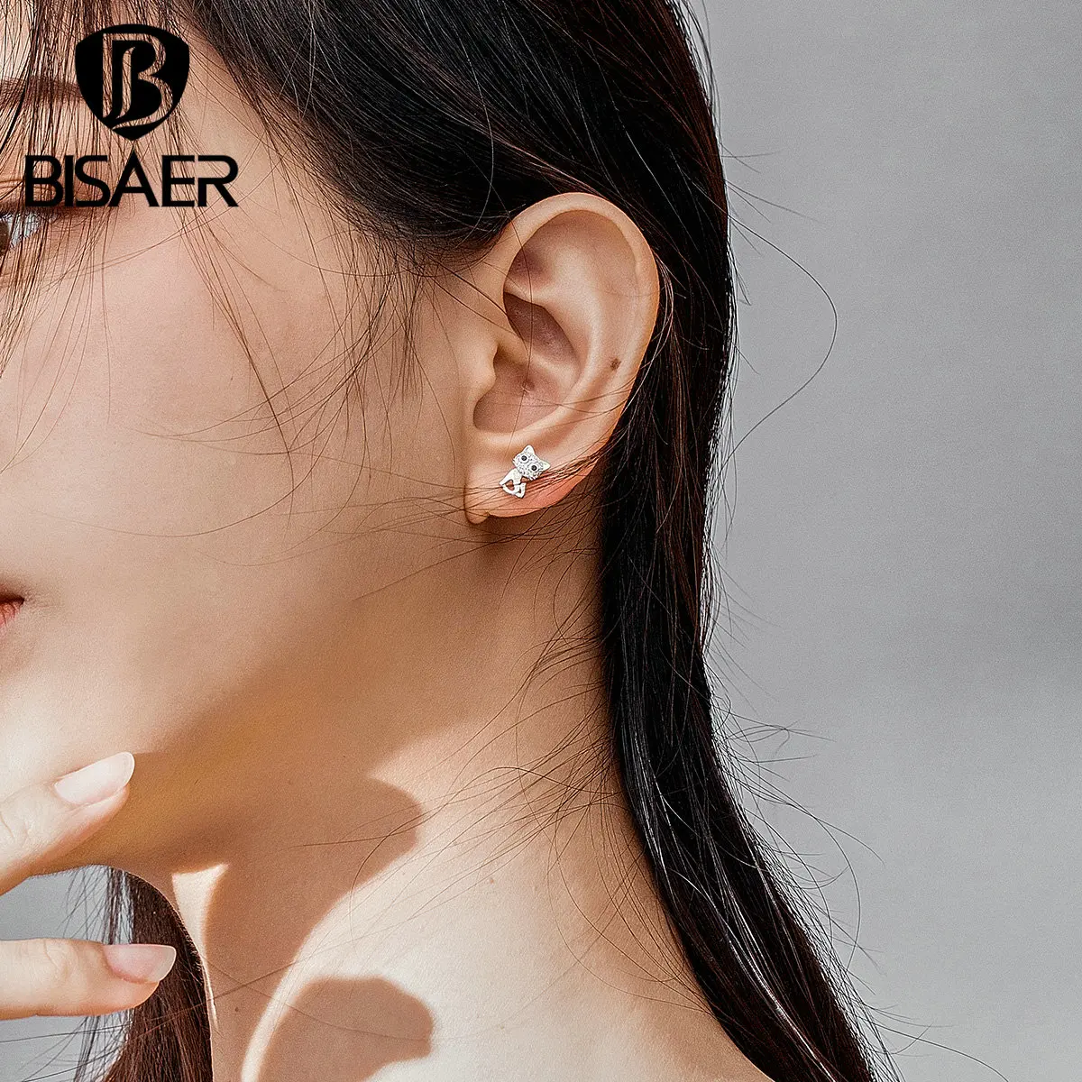 Кошачьи ювелирные изделия BISAER,, 925 пробы, серебро, кубический циркон, маленькая кошечка, киска, изысканные серьги-гвоздики для женщин, ювелирные изделия ECE797