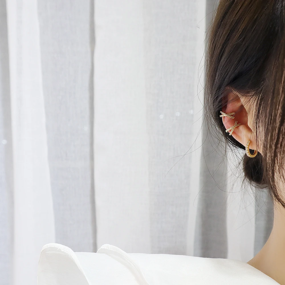 Hot Design 14K Real Gold No Pierced Ear Clips Earrings for Women Micro Inlaid AAA Zircon Fashion Cross Earring Brincos Gift