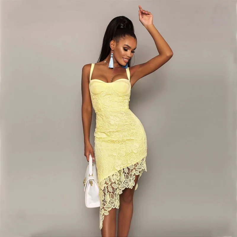 

Sexy Lace Hollow Bandage Dress Women Spaghetti Strap Dresses Female Summer 2021 Sling Mid-Length Dress White Sleeveless Vestido