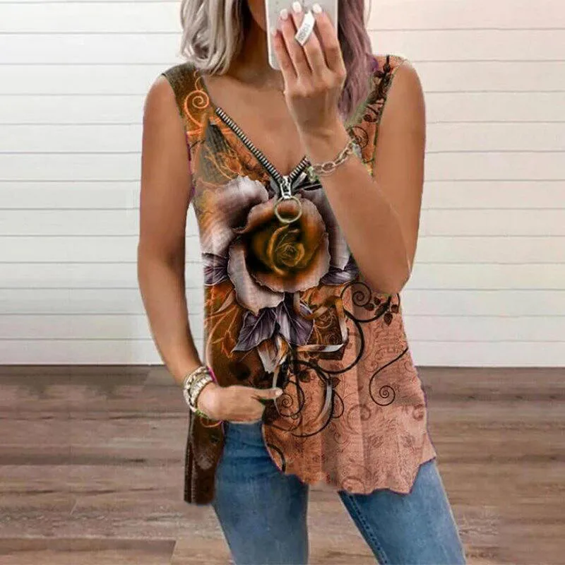 Женская футболка на молнии с цветочным принтом и V-образным вырезом