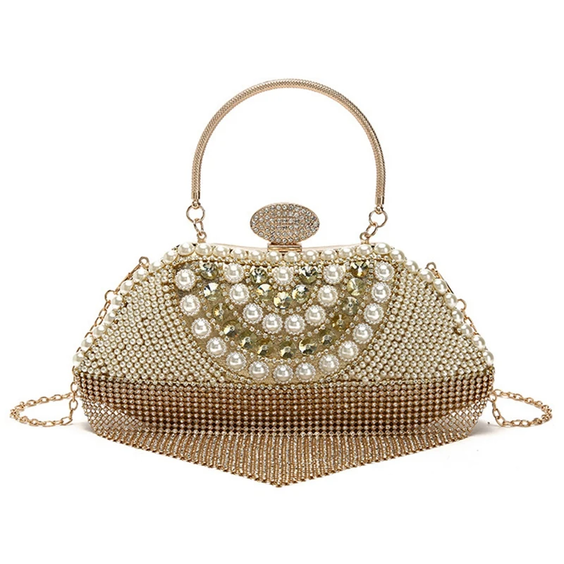 Tassel Beaded Women Evening Bag Party Pearl Lady Day Clutch Purse Chain Shoulder Rhinestones Handbags Gold | Багаж и сумки