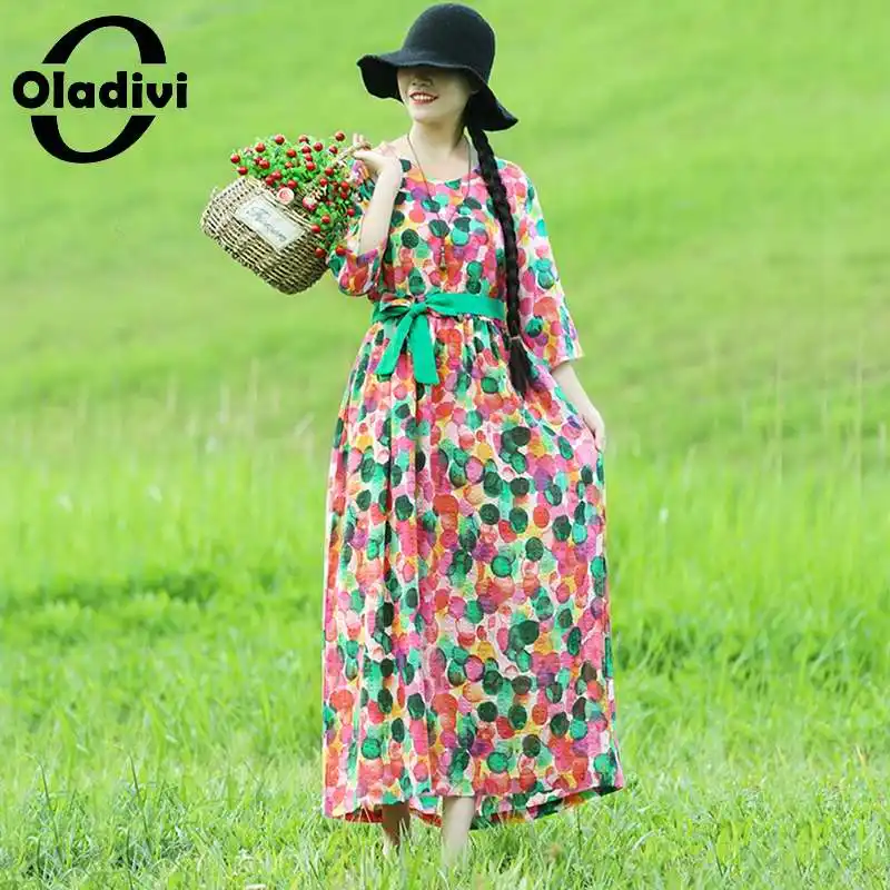 

Oladivi длинное платье большого размера с рукавом до локтя из хлопка и льна с цветочным принтом женские летние платья 2021 Новые повседневные сво...