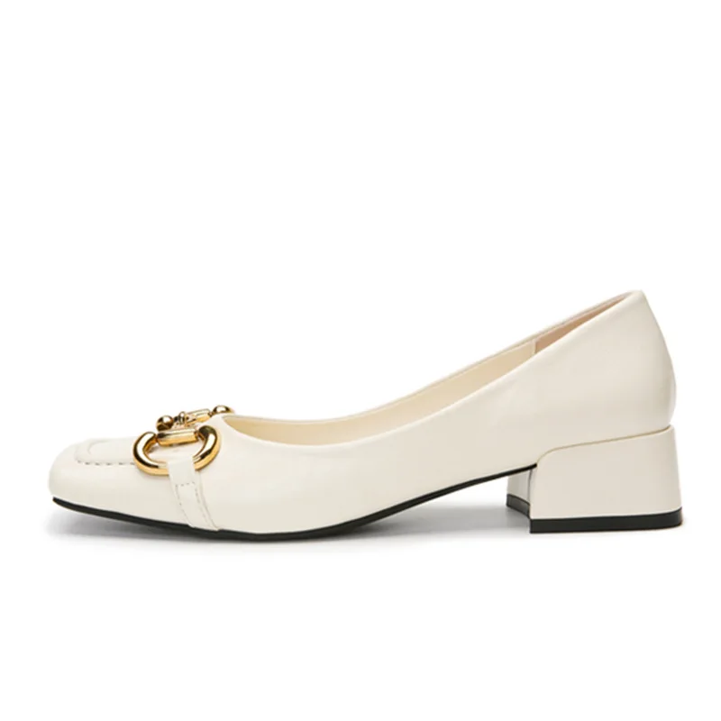 

Spring and summer 2021 new four seasons single shoes square head low top solid color thick heel casual button high heels