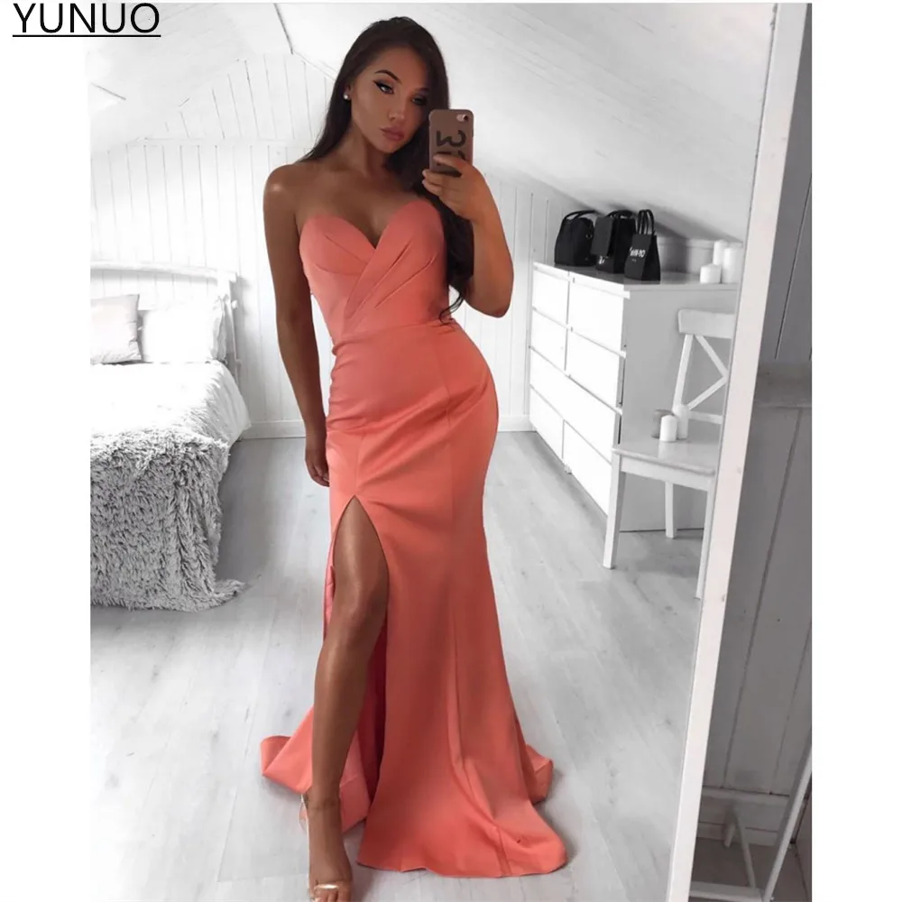 YUNUO Плиссированные Милая Выпускные платья Коралл сатин для торжественных