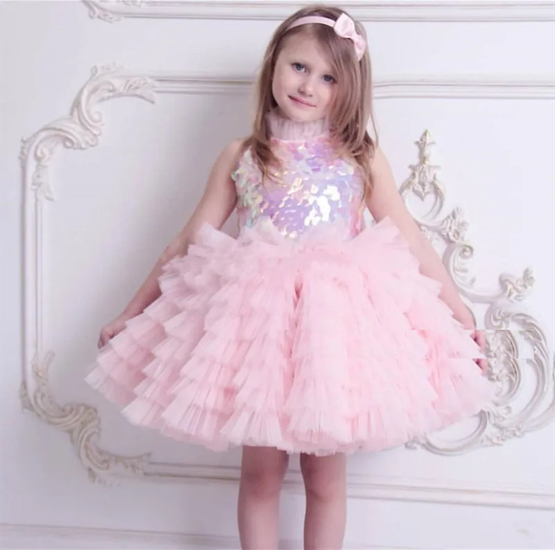 New Sparkly Sequined Top Girls Dresses O Neck Sleeveless Flower Girl Dress Kids Clothes Birthday Gown