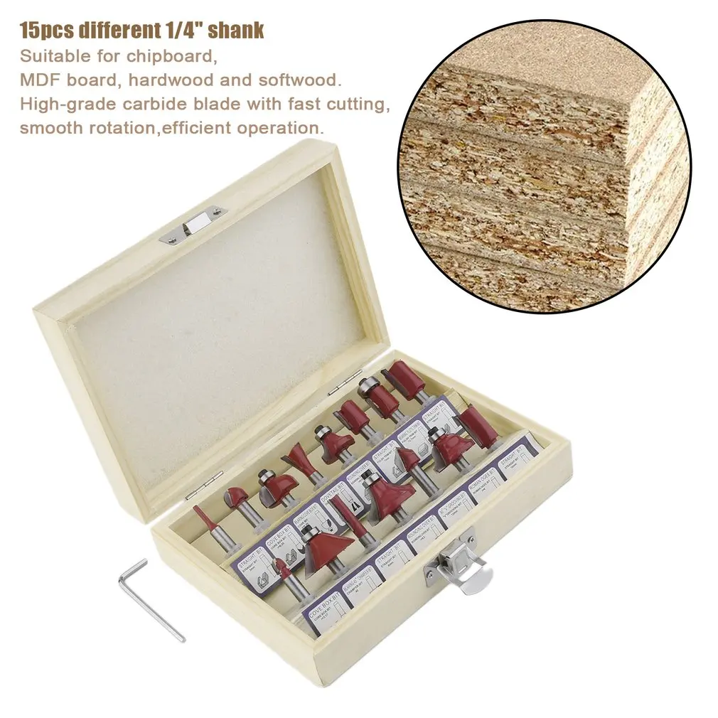 

1/4(6.35mm) 15pcs Carbide Shank Wood Router Set Woodworking Cutter Trimming Knife Forming Milling Cutter Pack In Wood Case