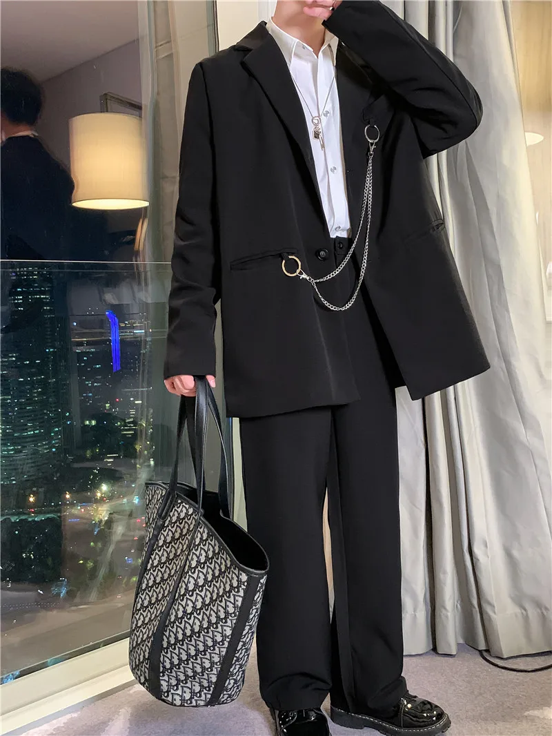 

Male Vintage Fashion High Street Hip Hop Iron Chain Casual Suit Jacket PantMen 2 Pieces Suits Sets Jacket+trouser
