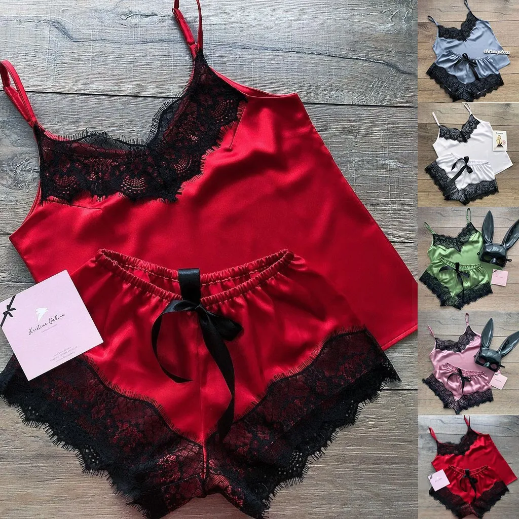Пикантная кружевная атласная Шелковая пижама с бантом Женское Белье для сна