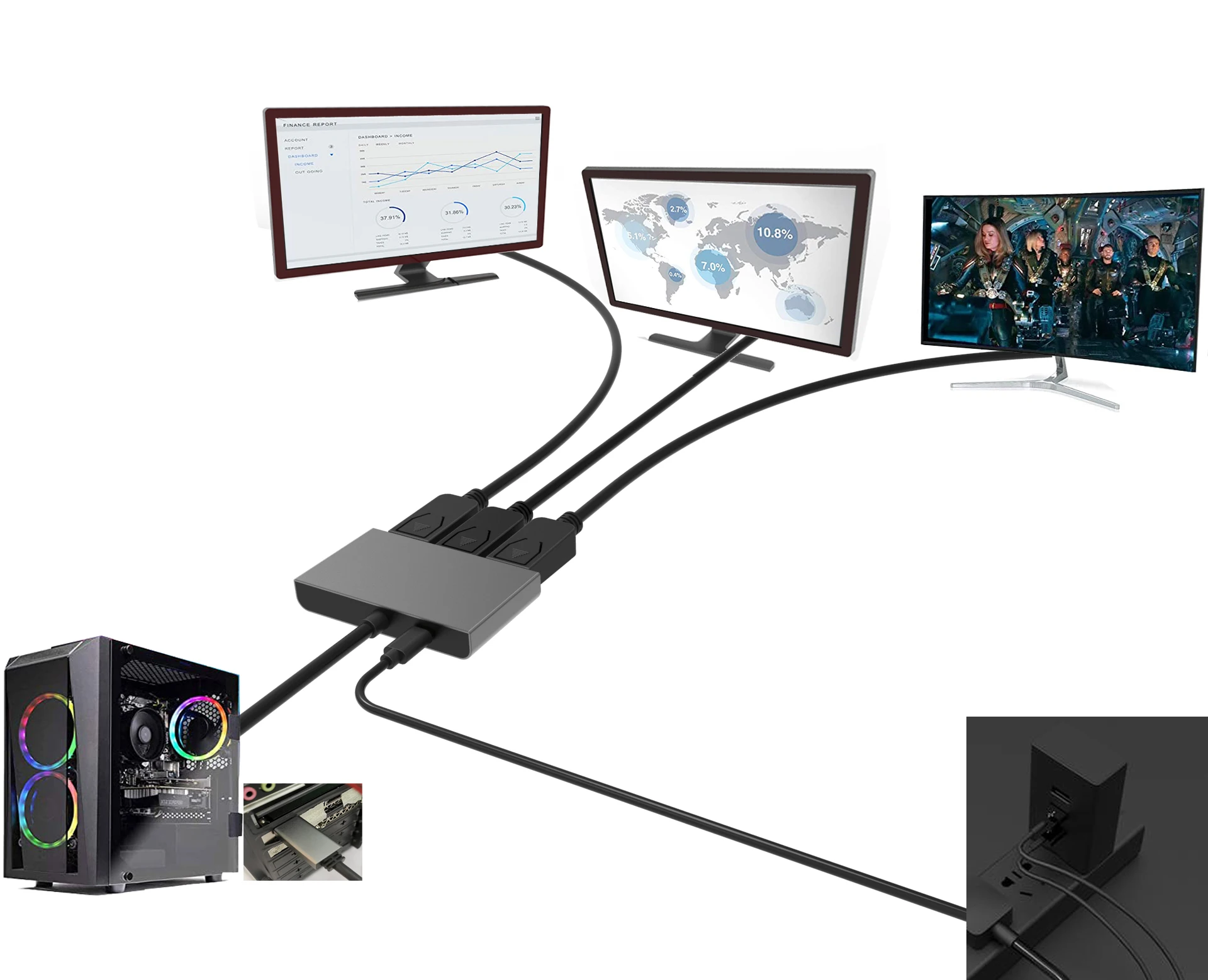 DisplayPort v1.4 to 3x MST концентратор с Micro Power 8K/4K @ 60Hz из алюминиевого сплава аудио и видео