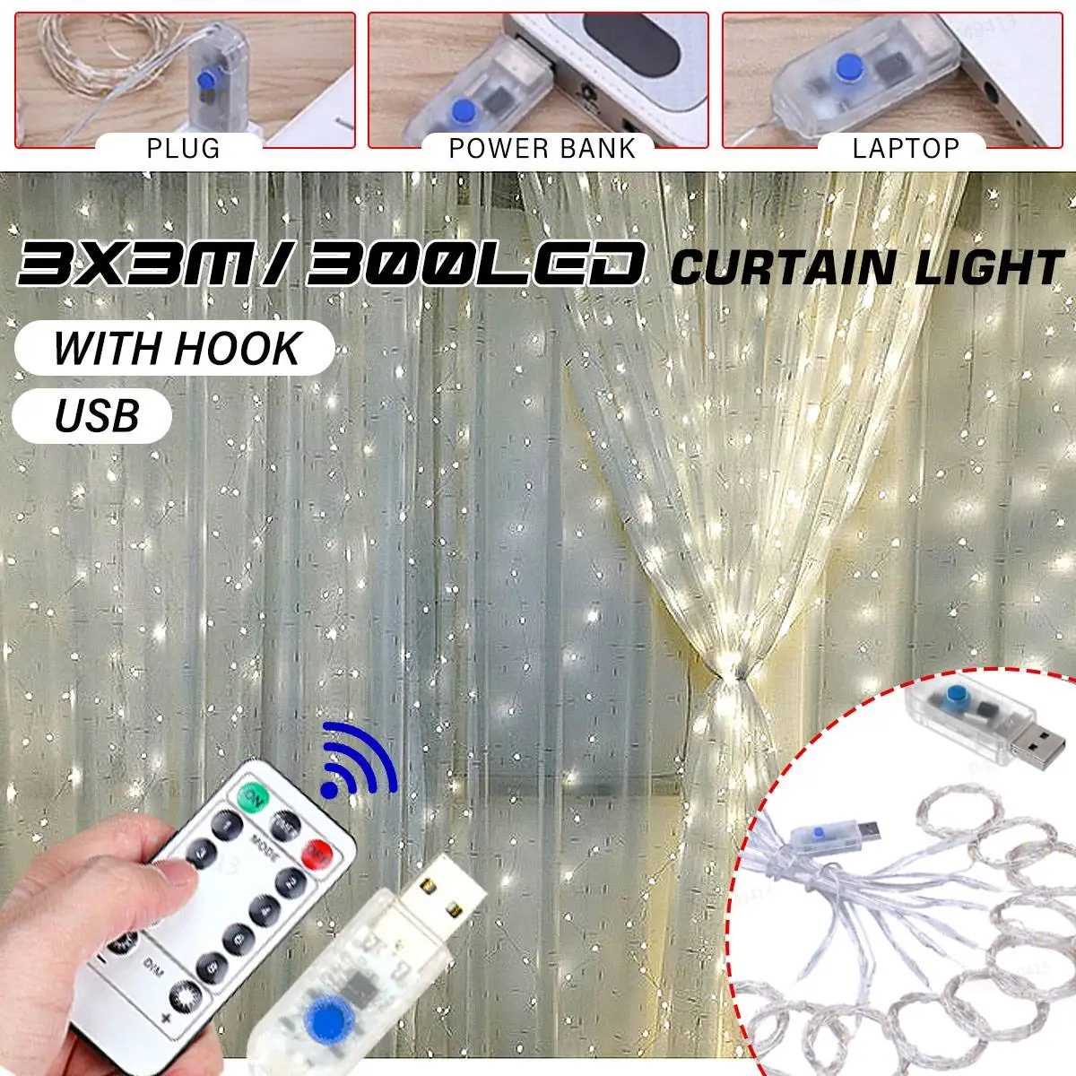 

300 Lights 3m*3m 8 Modes USB Remote Control Lighting Strings Indoor Outdoor Lighting Festival Decorative Light Colors Changable