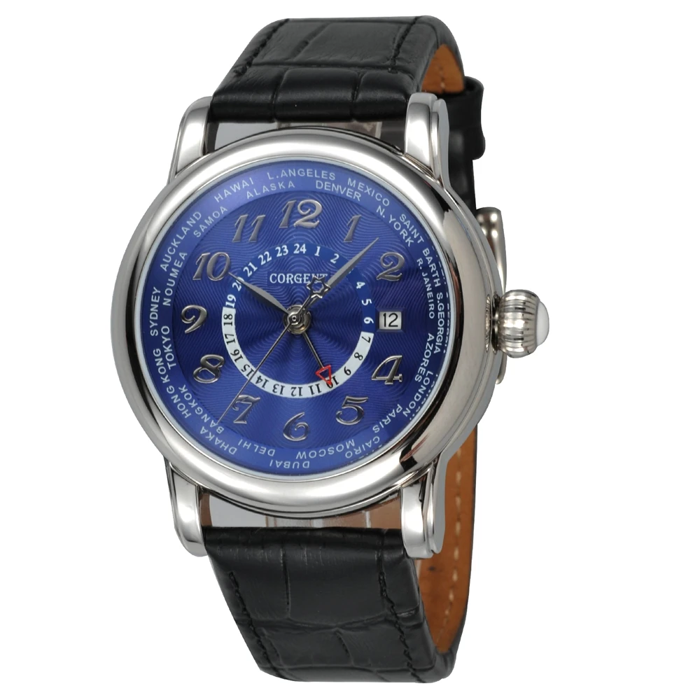 43mmCorgeut man Marchio di Lusso Orologio Meccanico Пелле di Moda Топ Doppio fuso orio GMT автоматические часы мужские желаемые часы