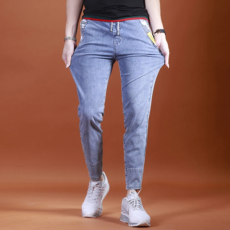 Summer Men's Light Blue Jeans Casual Camouflage Pockets Spliced Ankle-Length Pants Drawstring Denim Trousers