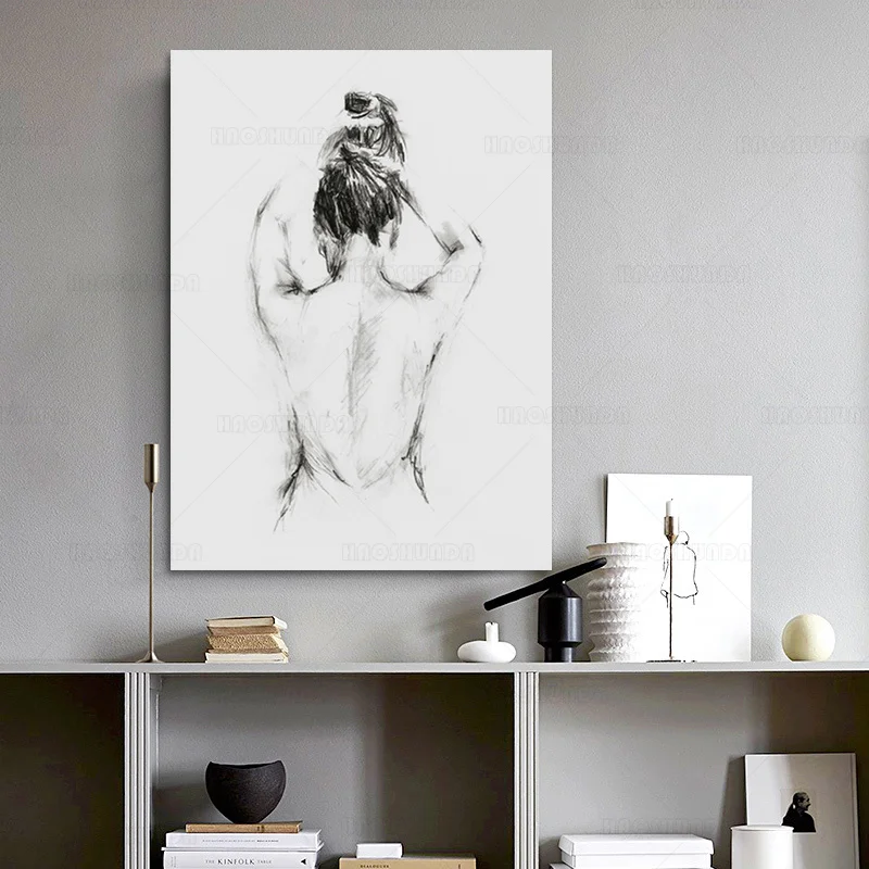 Female Line Drawing Art Canvas Painting Abstract Nude Woman Back Print After Bath Minimalist Poster Bathroom Picture Home Decor | Дом и сад