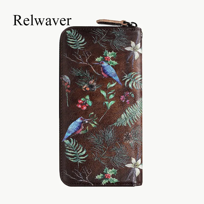 

Kingfisher cow leather wallet genuine leather Chinese style hand painting women wallet zipper long clutch wallet
